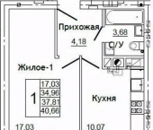 1-комн, 40 кв м, этаж 9/10 Юбилейная улица, 17